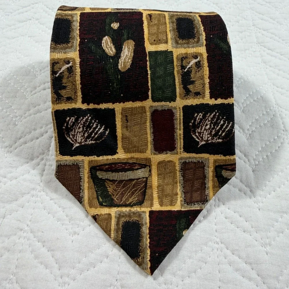 JZ Richards Mens‎ Silk Necktie Geometric Pattern Burgundy Gold Green Brown